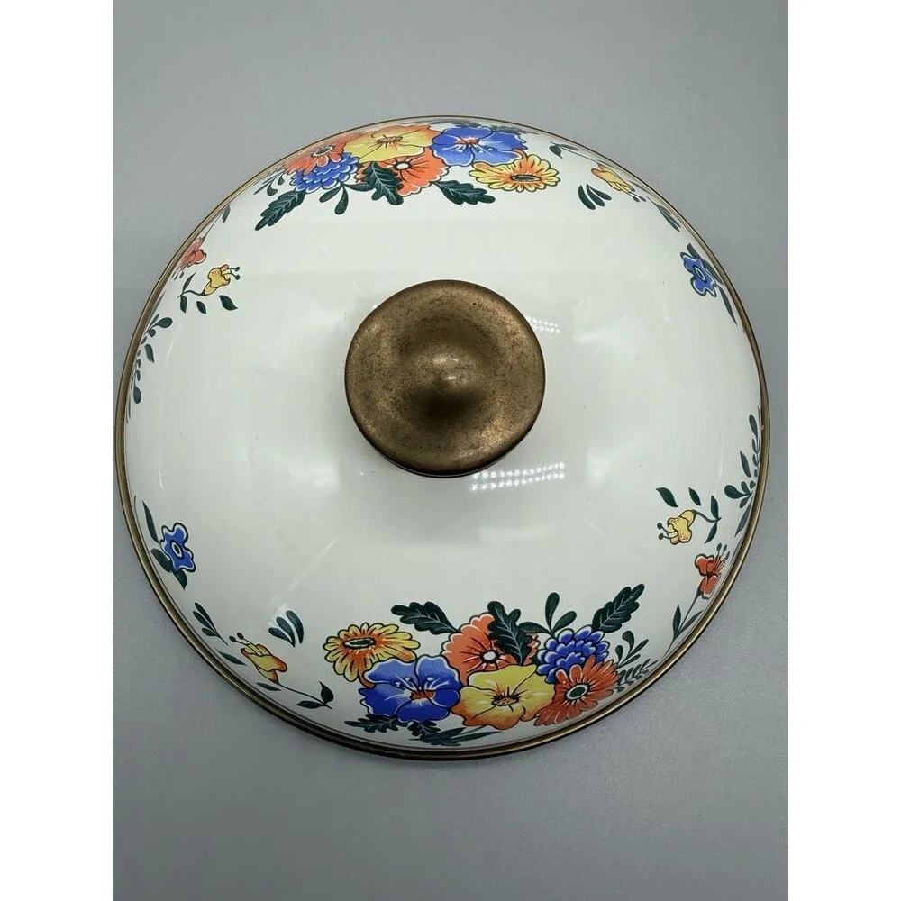 Vintage 1983 Kamenstein Enamelware Dutch Oven Cookware Floral 2 Qt Brass Handles